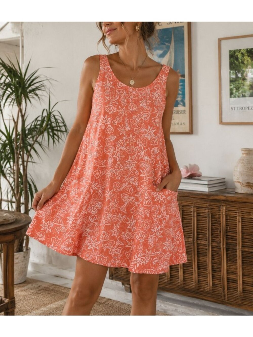 Vintage Coral Sea Life Print Oversized Swing Tank Dress Made in USA Beachcore